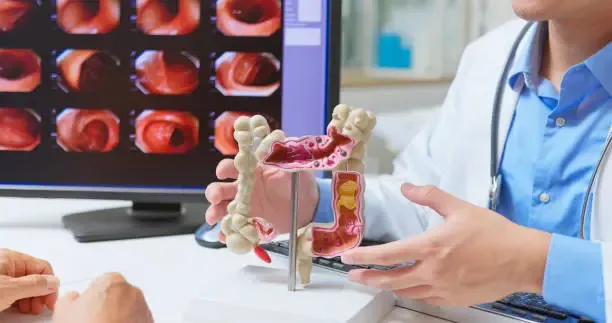 Gastroenterologist reviewing digital colonoscopy findings and pathology reports